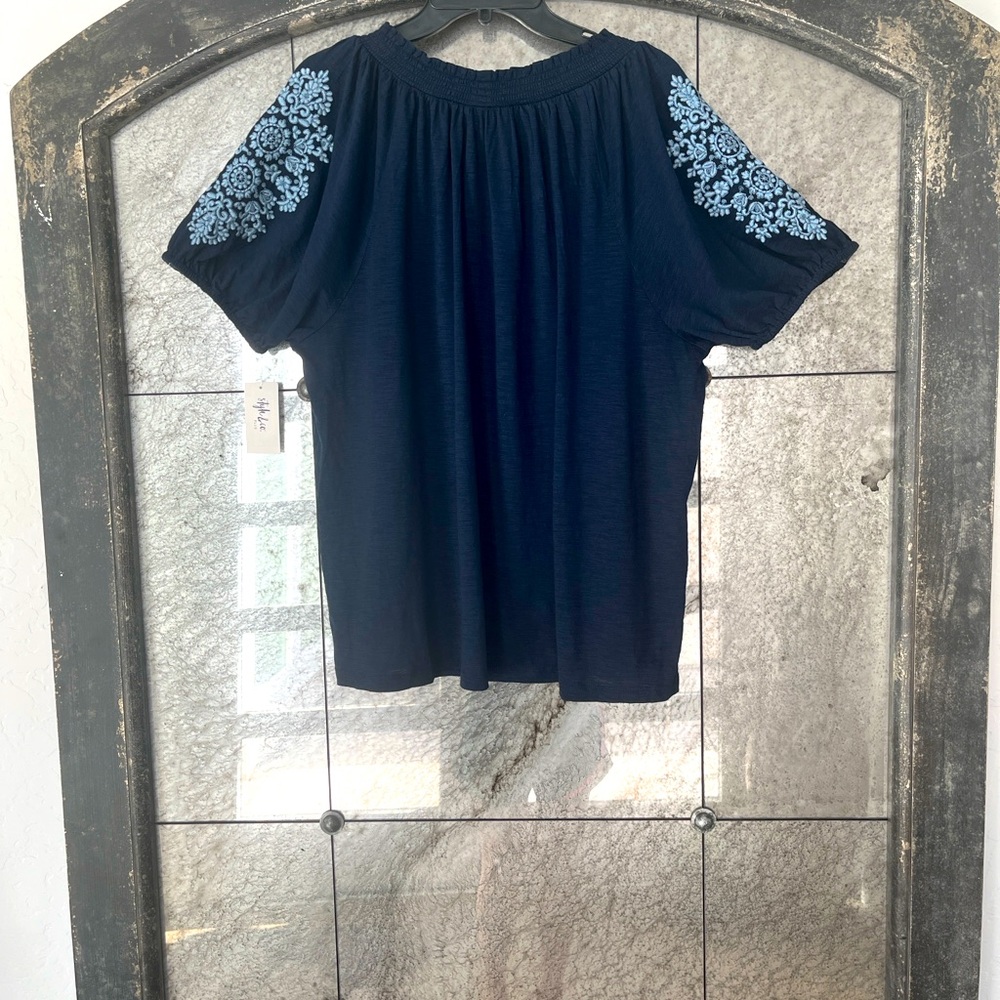 Style & Co. Dark Blue Blouse with Light Blue Embroidery - Picture 5 of 8
